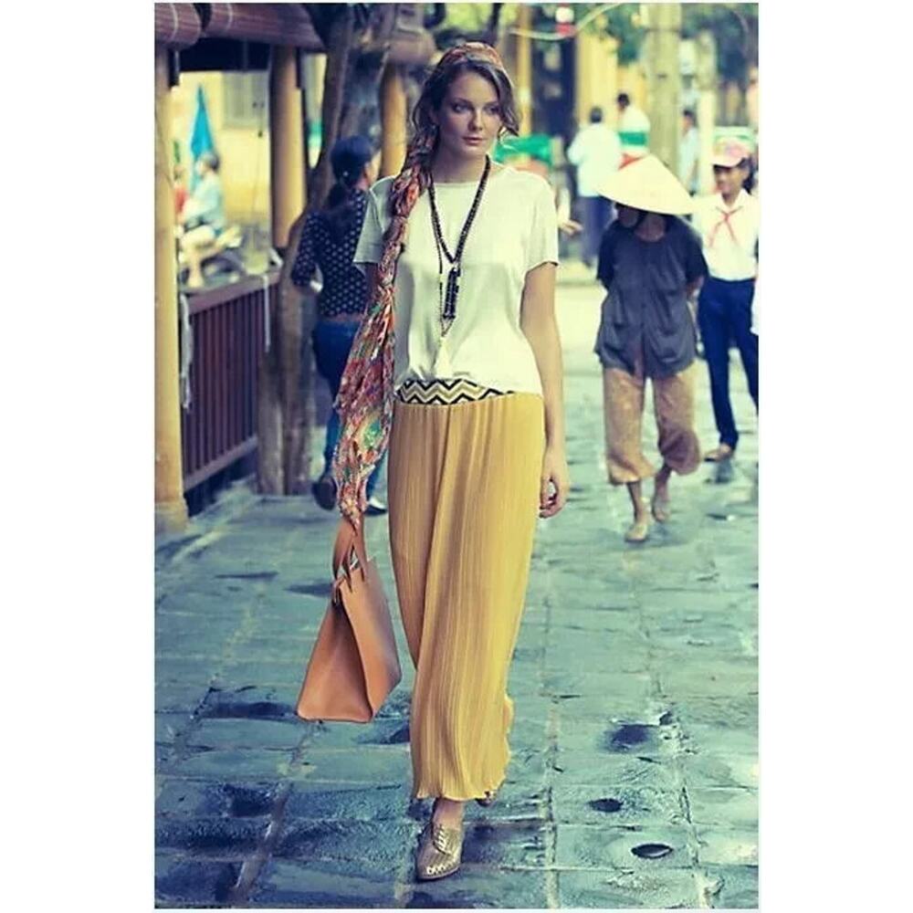 Anthropologie Dear Creatures Maxi Skirt Women Small Mustard Pleated High Waisted